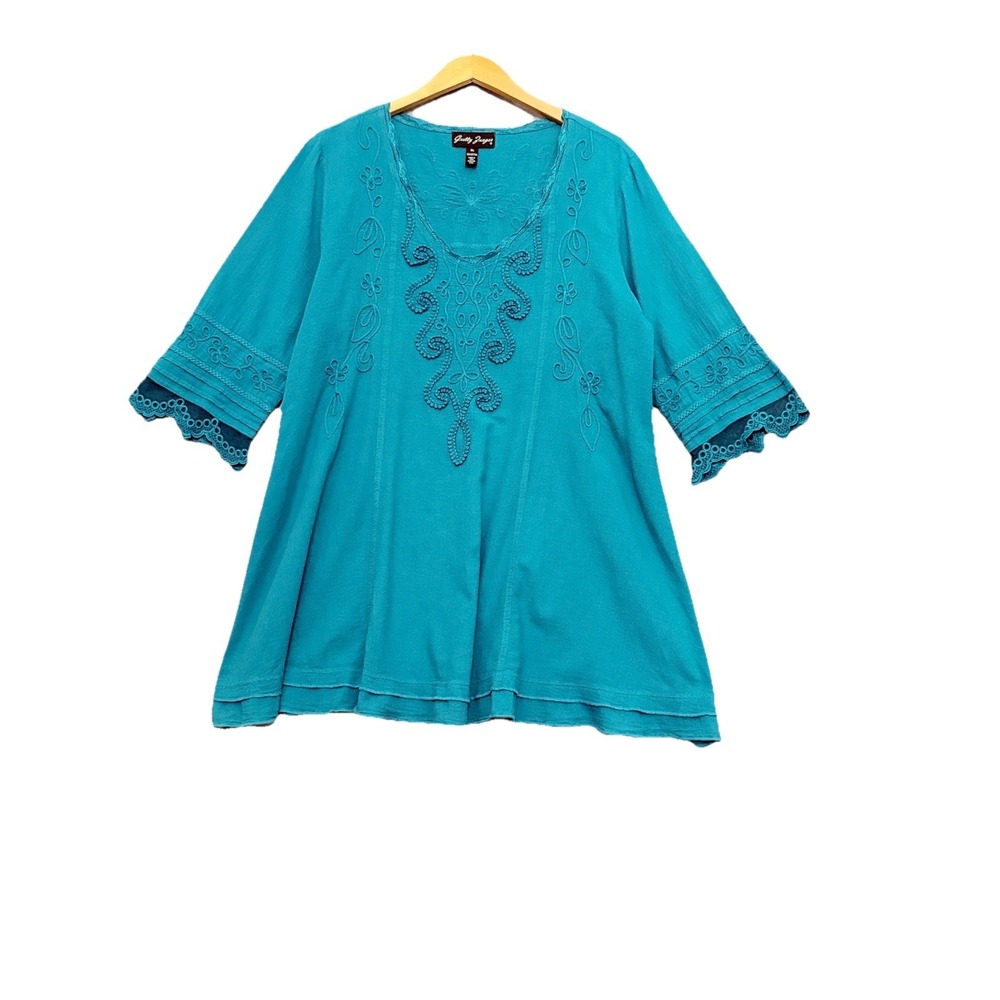 Gretty‎ Zueger Top Tunic Size XL Teal Boho Embroidered Lagenlook Artsy Oversized